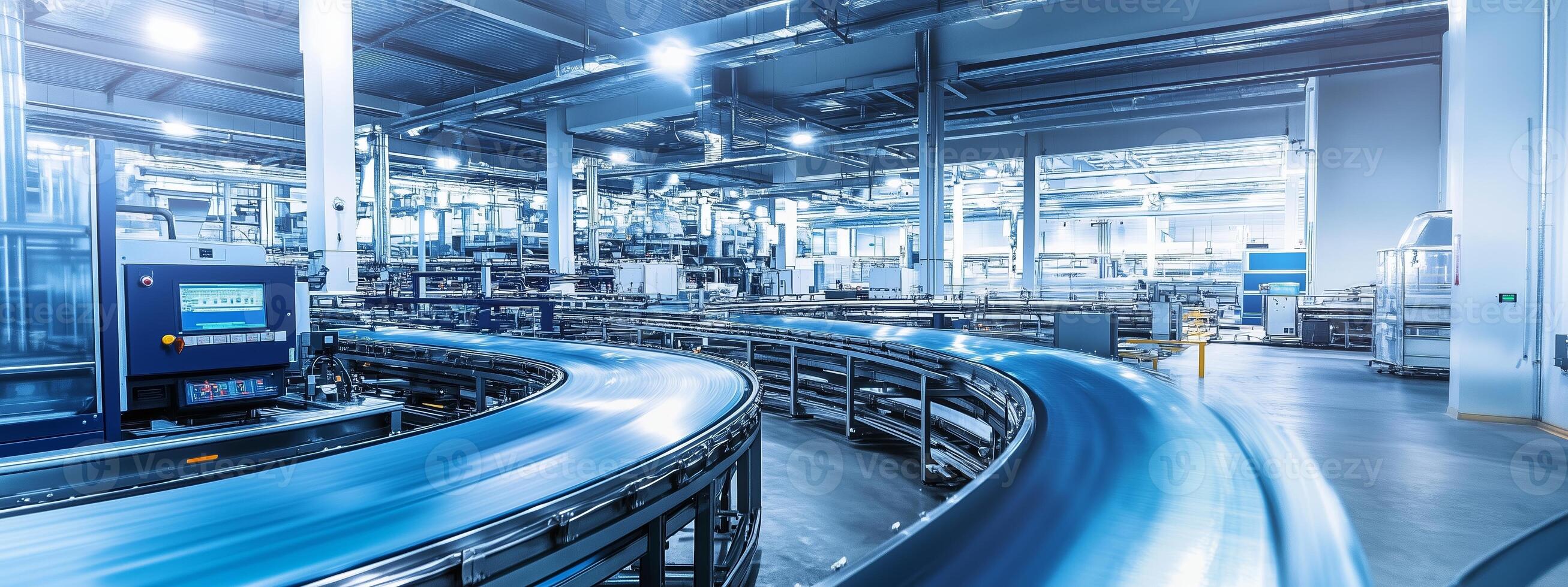 Wide view of an automated conveyor system in a modern manufacturing facility during daytime operations photo