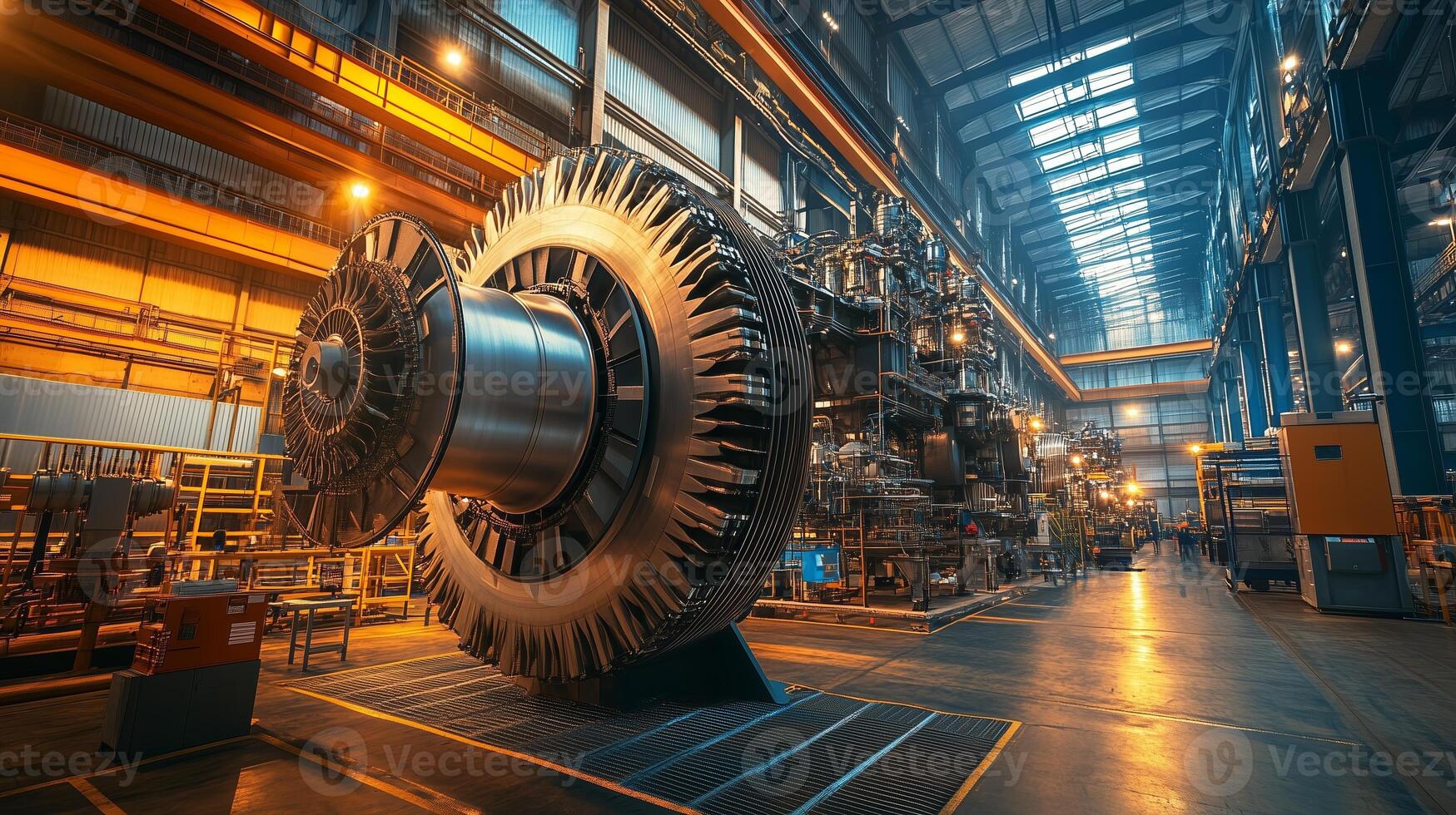 A detailed view of a massive turbine engine in a well-lit industrial manufacturing facility during the day photo