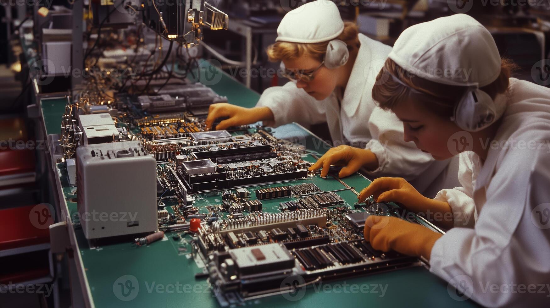 Two women assembling electronic circuit boards in a factory during the late 20th century photo