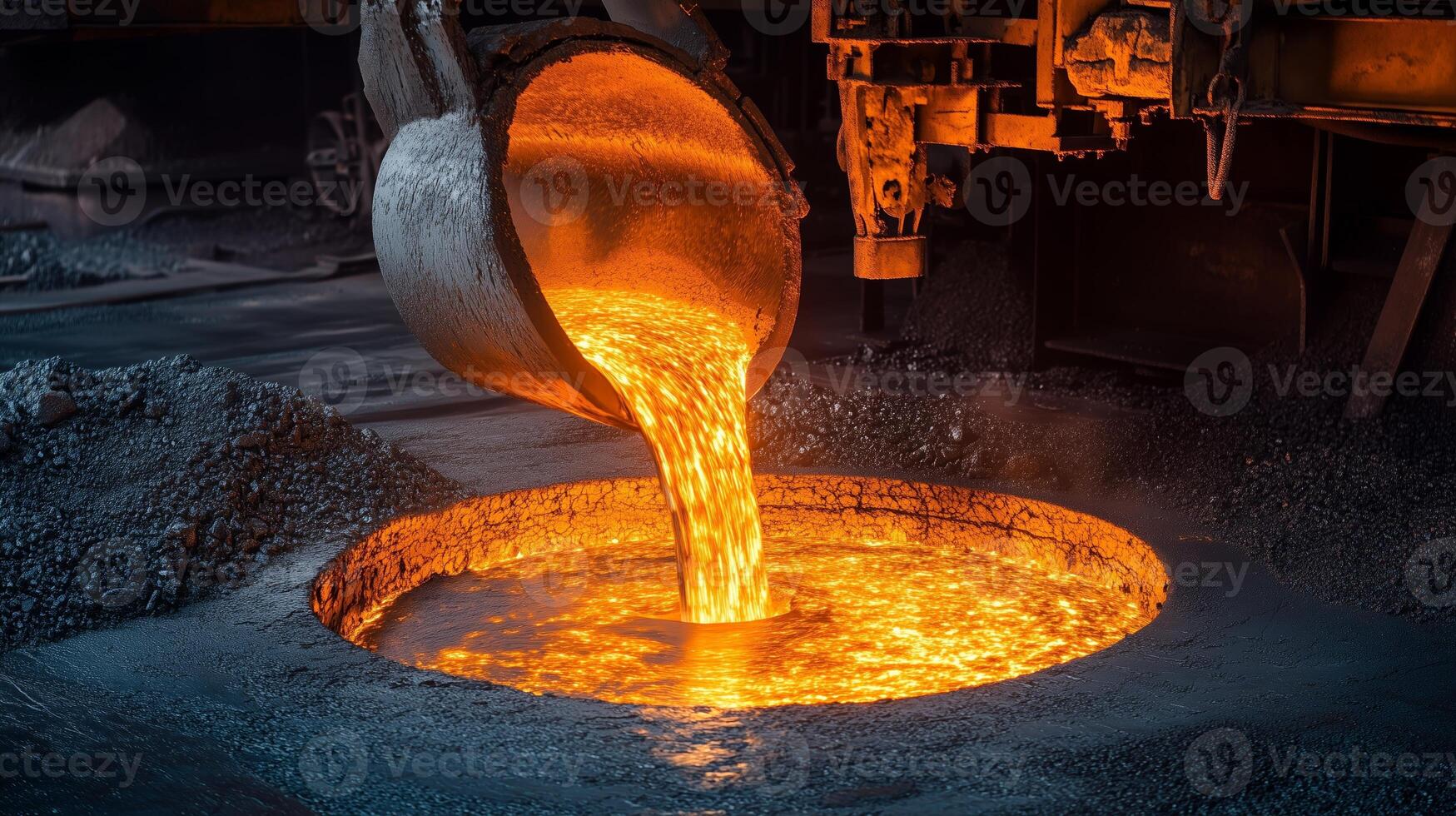 Molten metal being poured into mold at a foundry during the manufacturing process in an industrial setting at night photo