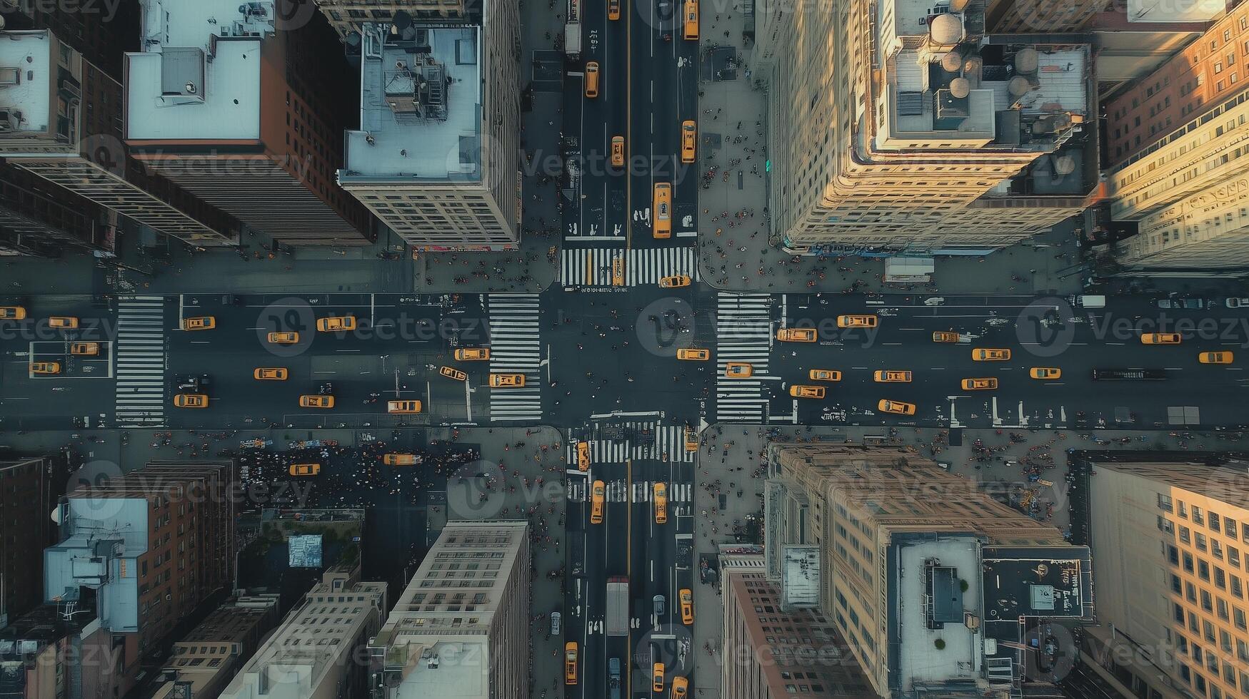 Aerial view of busy Manhattan intersection with yellow taxis during peak hours on a bright day photo