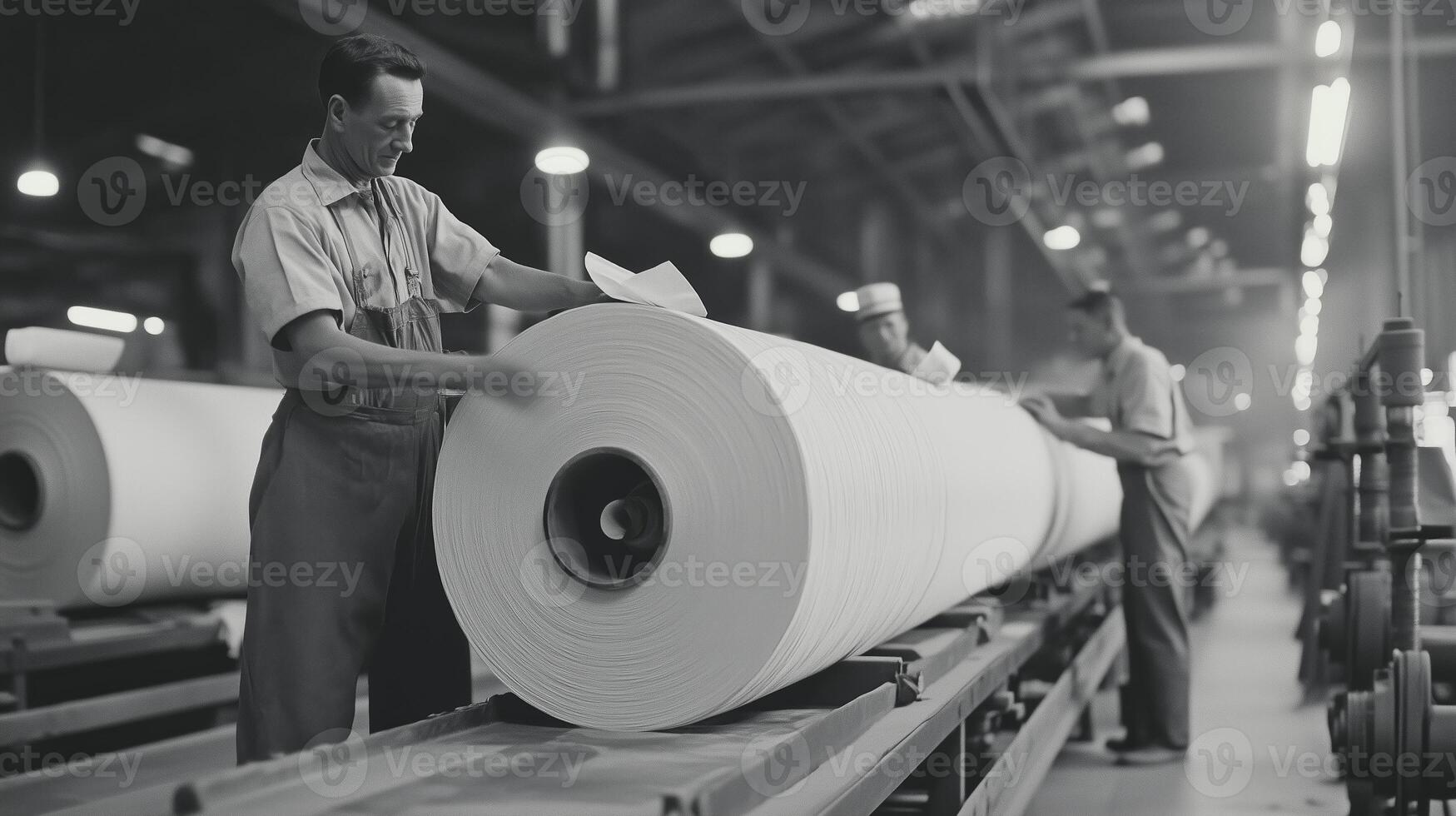 Workers processing large rolls of paper in a vintage factory setting during the mid-20th century photo