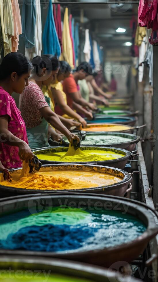 Women dyeing fabrics in vibrant colors at a bustling textile workshop during the day in a local market photo