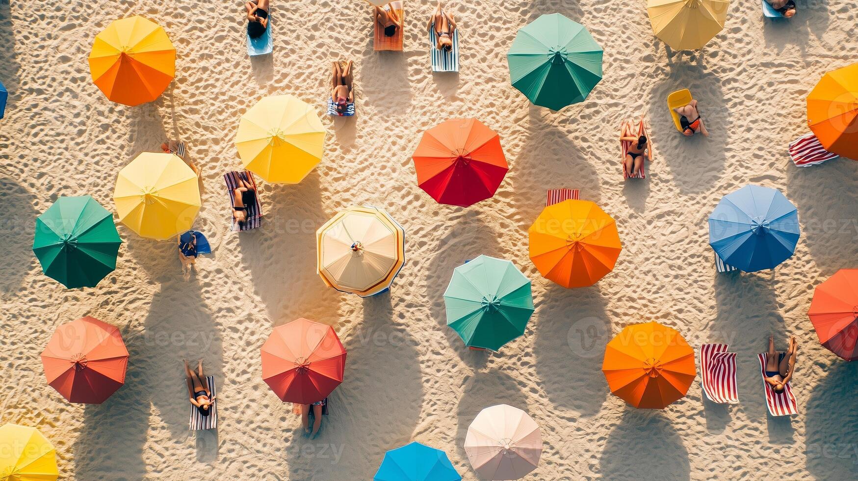 Colorful beach umbrellas create a vibrant mosaic over sunbathers relaxing on a sandy shore in summer photo