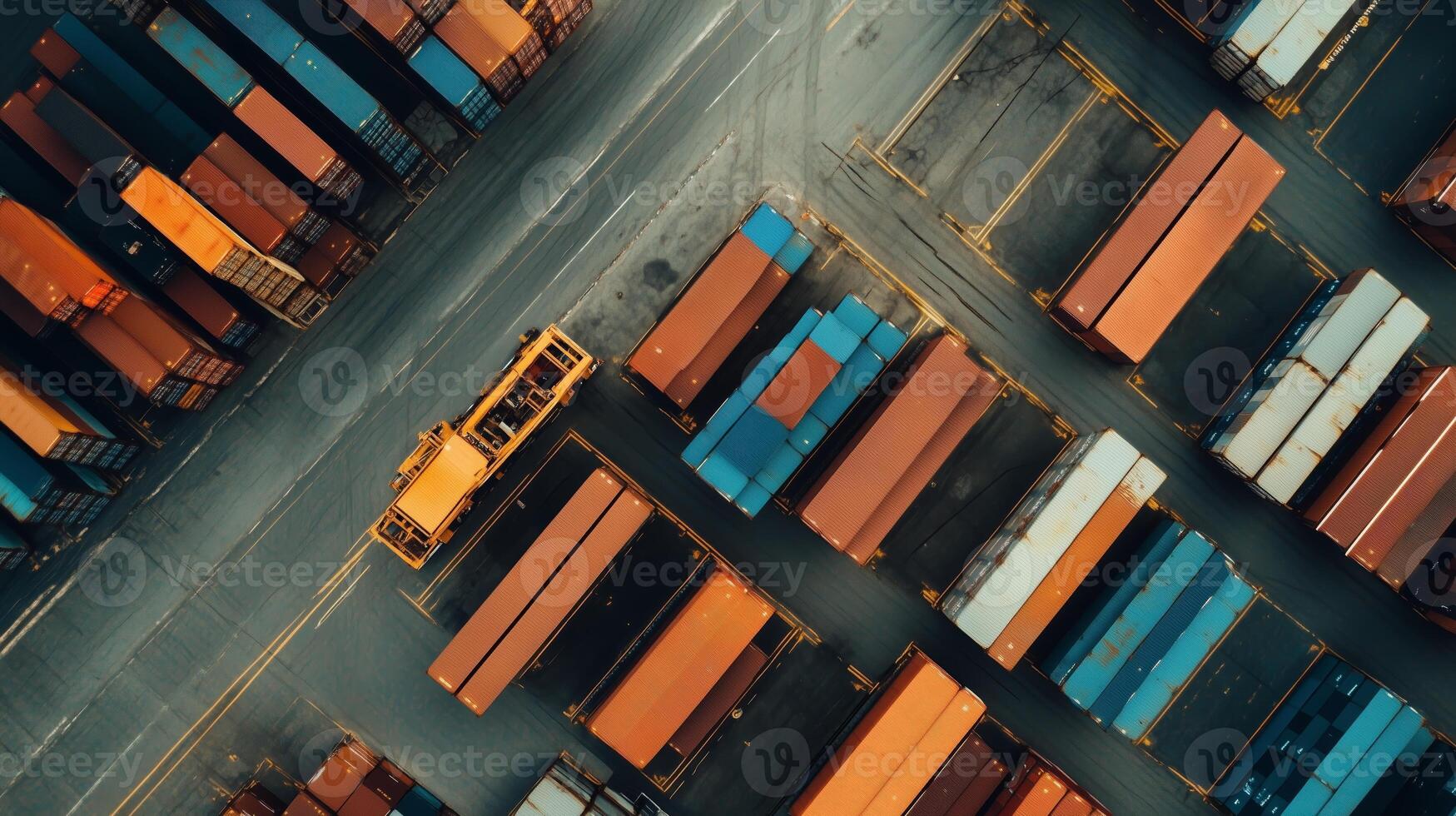 Aerial view of a busy shipping yard with colorful containers organized for loading and unloading operations during daytime photo