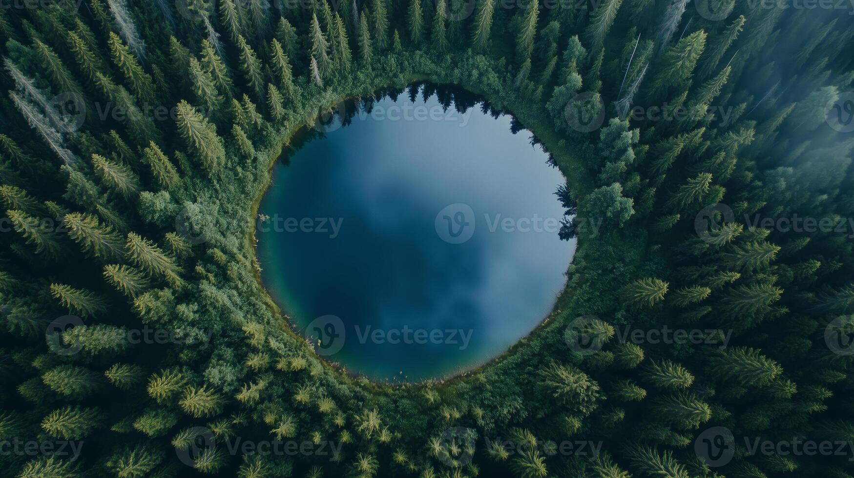Aerial view of a pristine circular lake surrounded by dense green forest in a serene wilderness setting during daylight hours photo