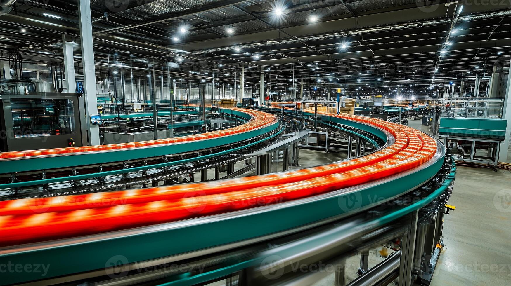Conveyor system in a modern warehouse showcasing efficient logistics operations during nighttime photo