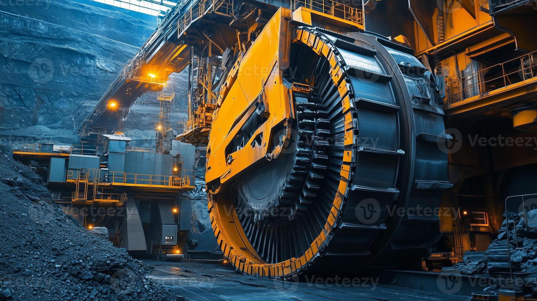 Large mining machinery operating in a dimly lit quarry during the early morning hours, extracting minerals from the earth's surface photo