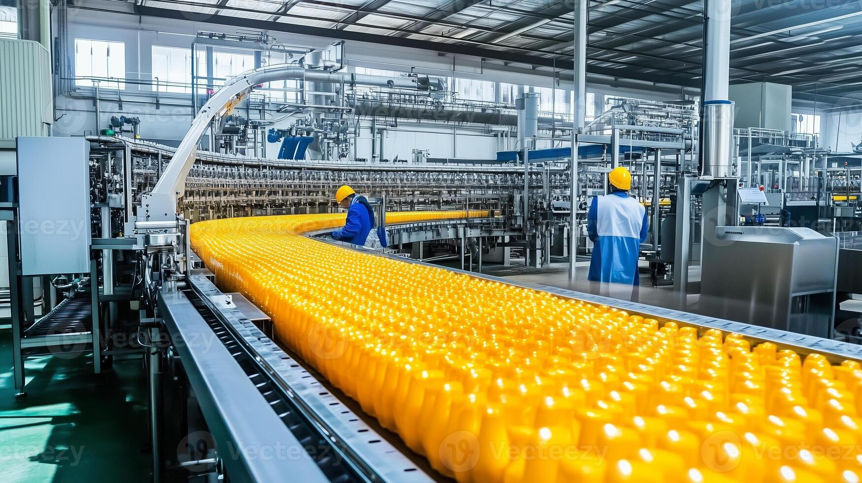 Busy beverage production line with workers and orange juice bottles in a modern factory during daytime operations photo