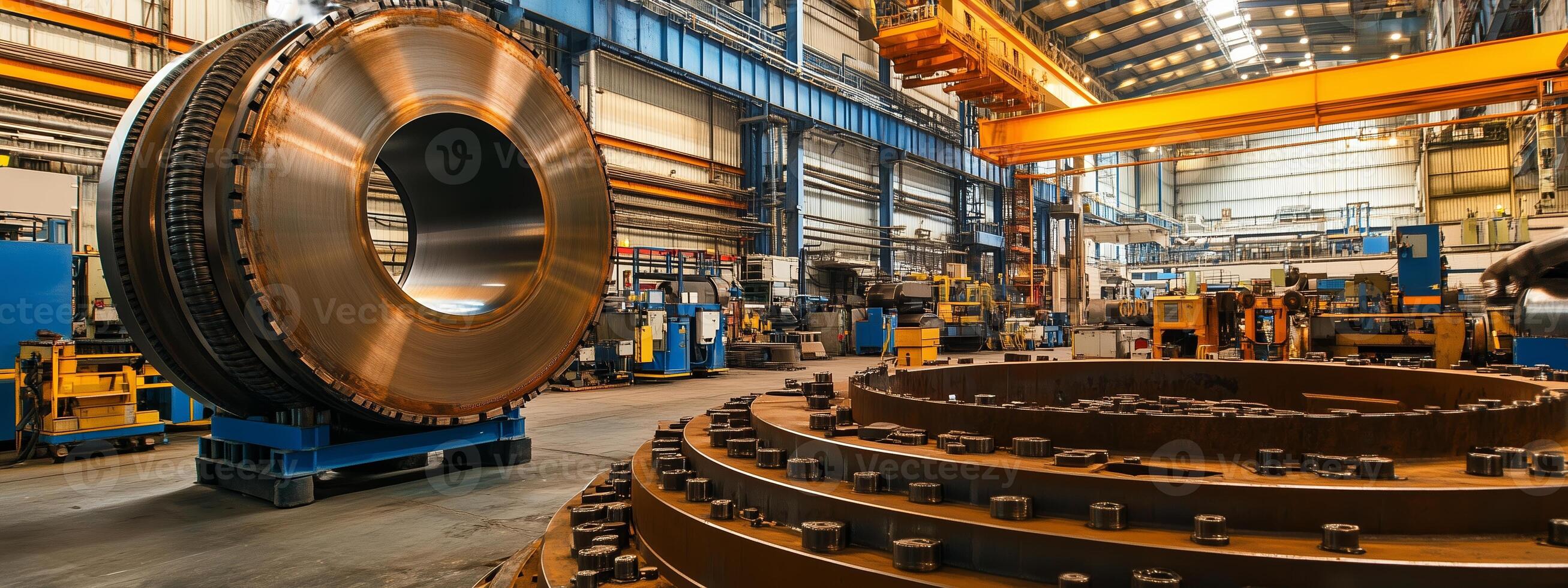 Large machinery components in an industrial workshop showcasing advanced manufacturing techniques in a well-lit facility photo