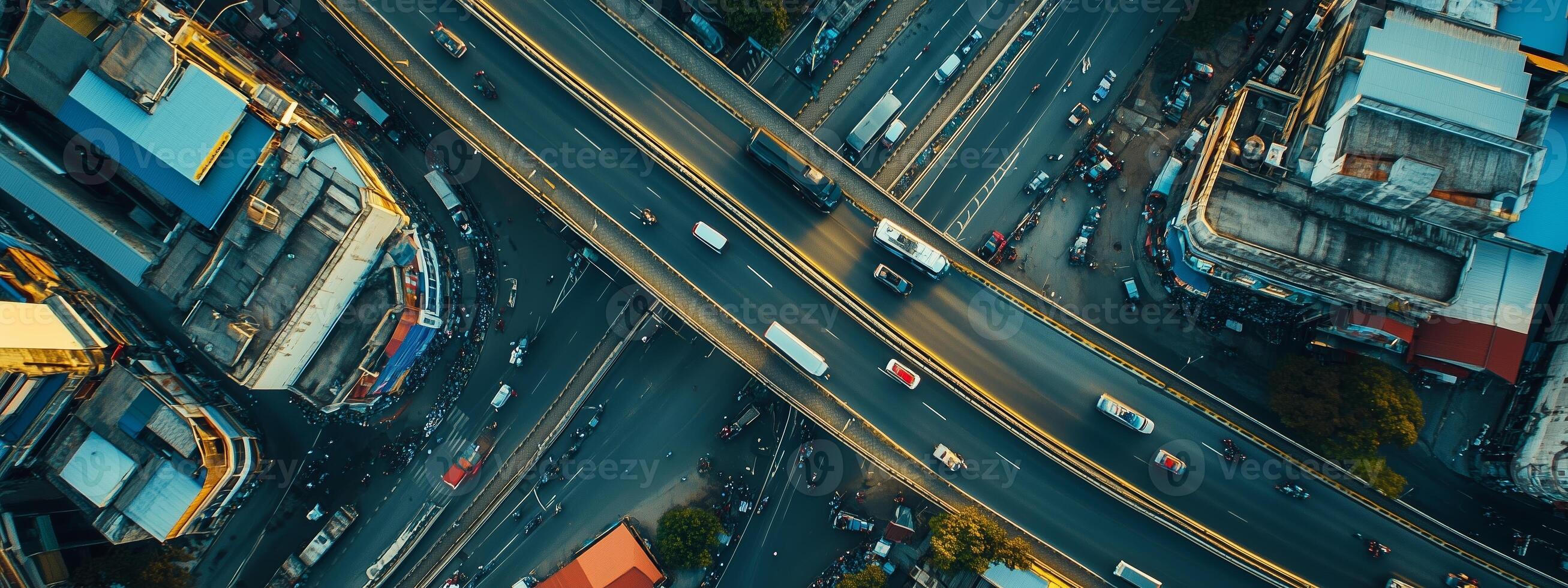 Aerial view of bustling urban highway interchange with busy traffic in the heart of a city during the late afternoon photo