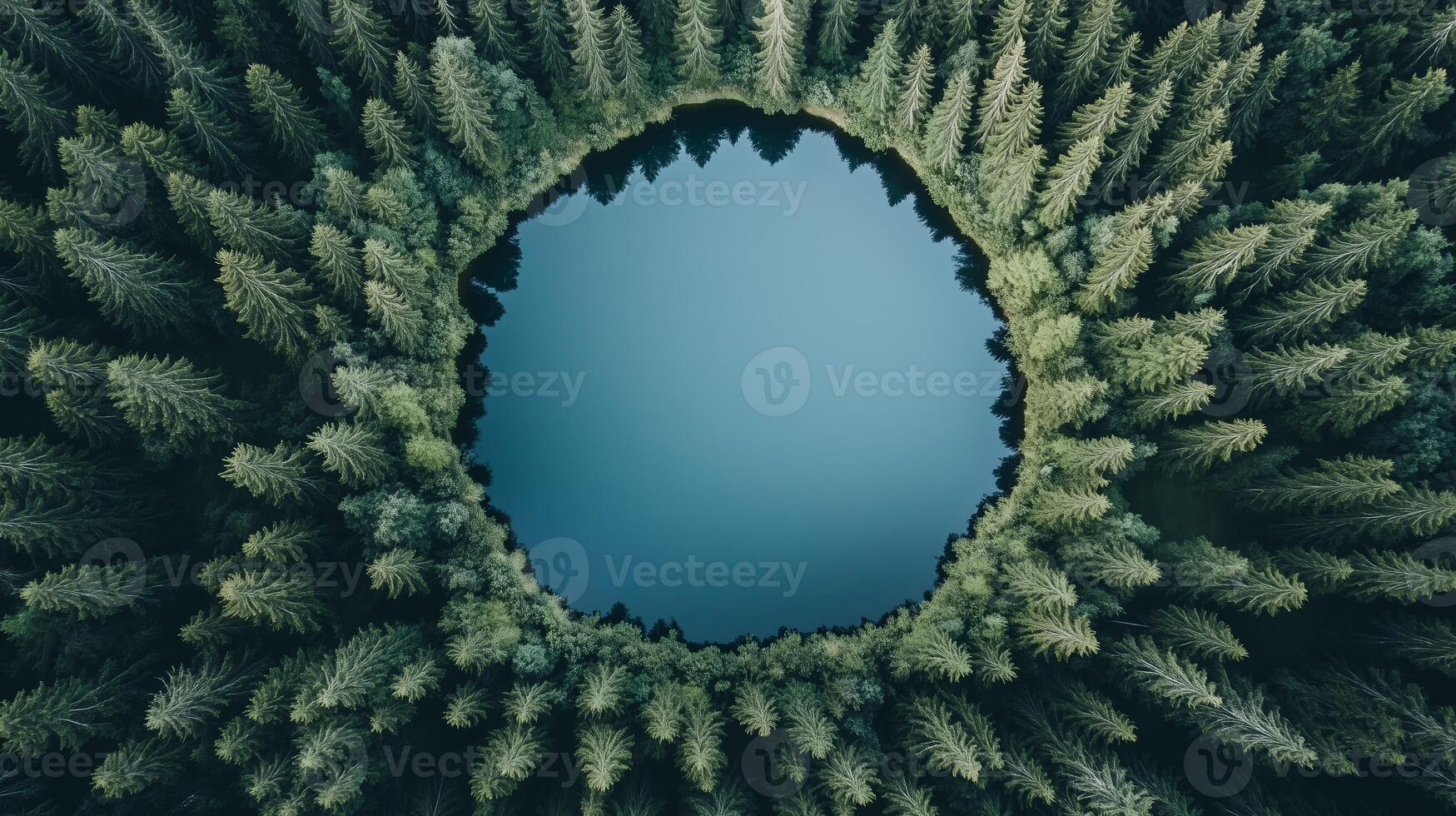Aerial view of a circular lake surrounded by dense evergreen trees in a tranquil forest setting during a sunny day photo