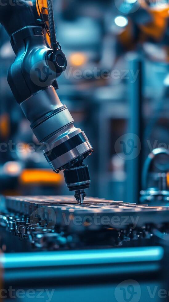A robotic arm precision engineering components on an assembly line in a modern manufacturing facility photo