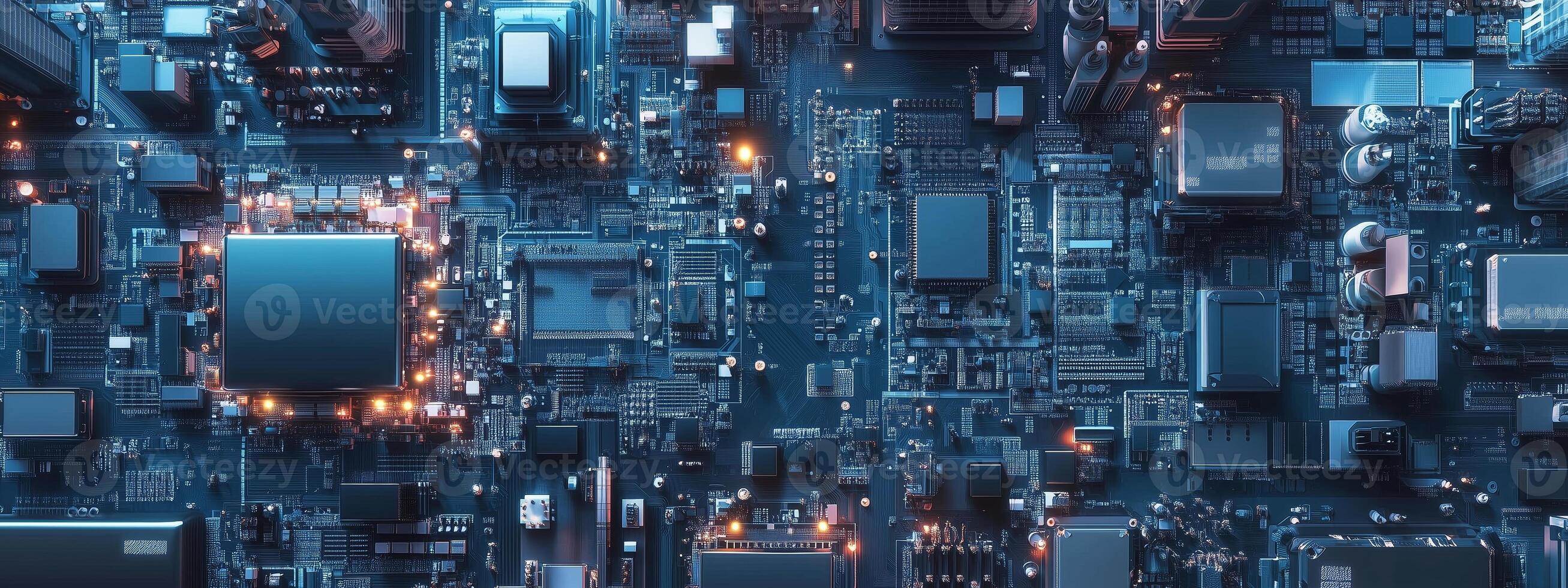 Overview of a complex microchip circuit layout showcasing intricate connections and illuminated components in a high-tech environment photo