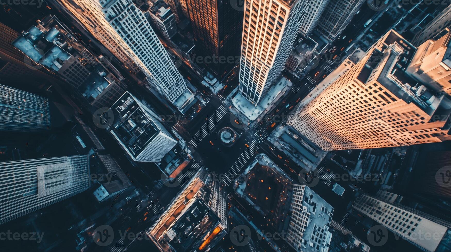 Aerial view of bustling urban intersection surrounded by skyscrapers during sunset in New York City photo