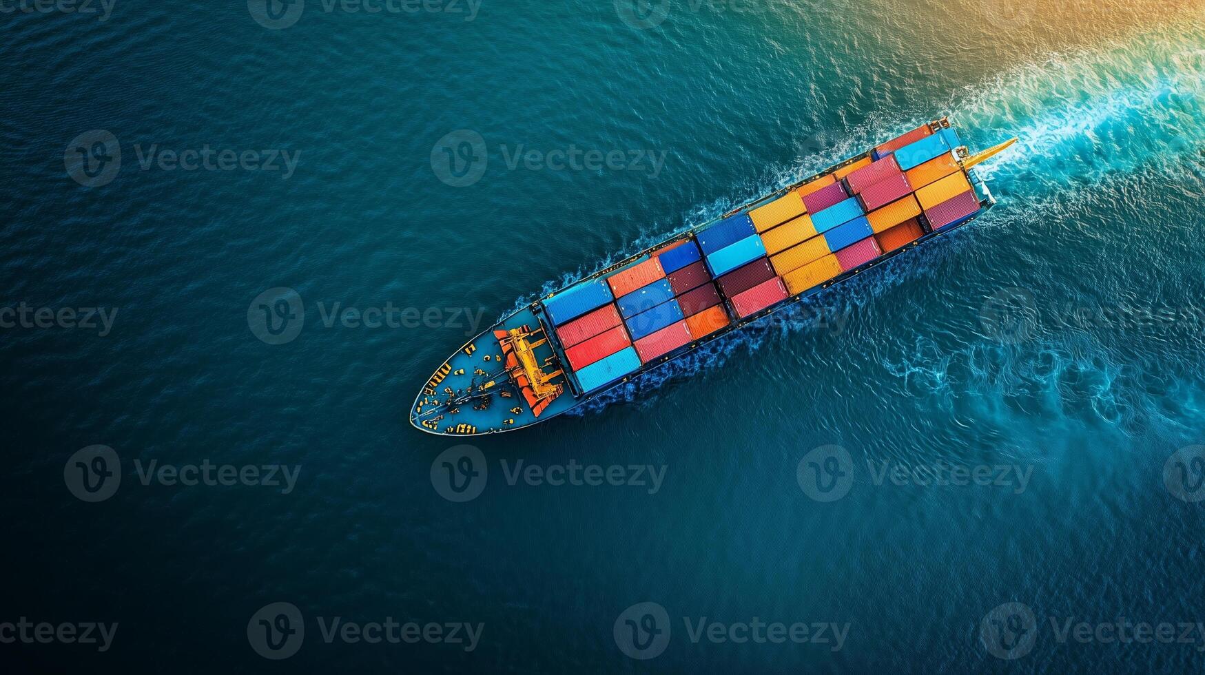 Colorful cargo ship navigating through turquoise waters during golden hour near coastal region photo