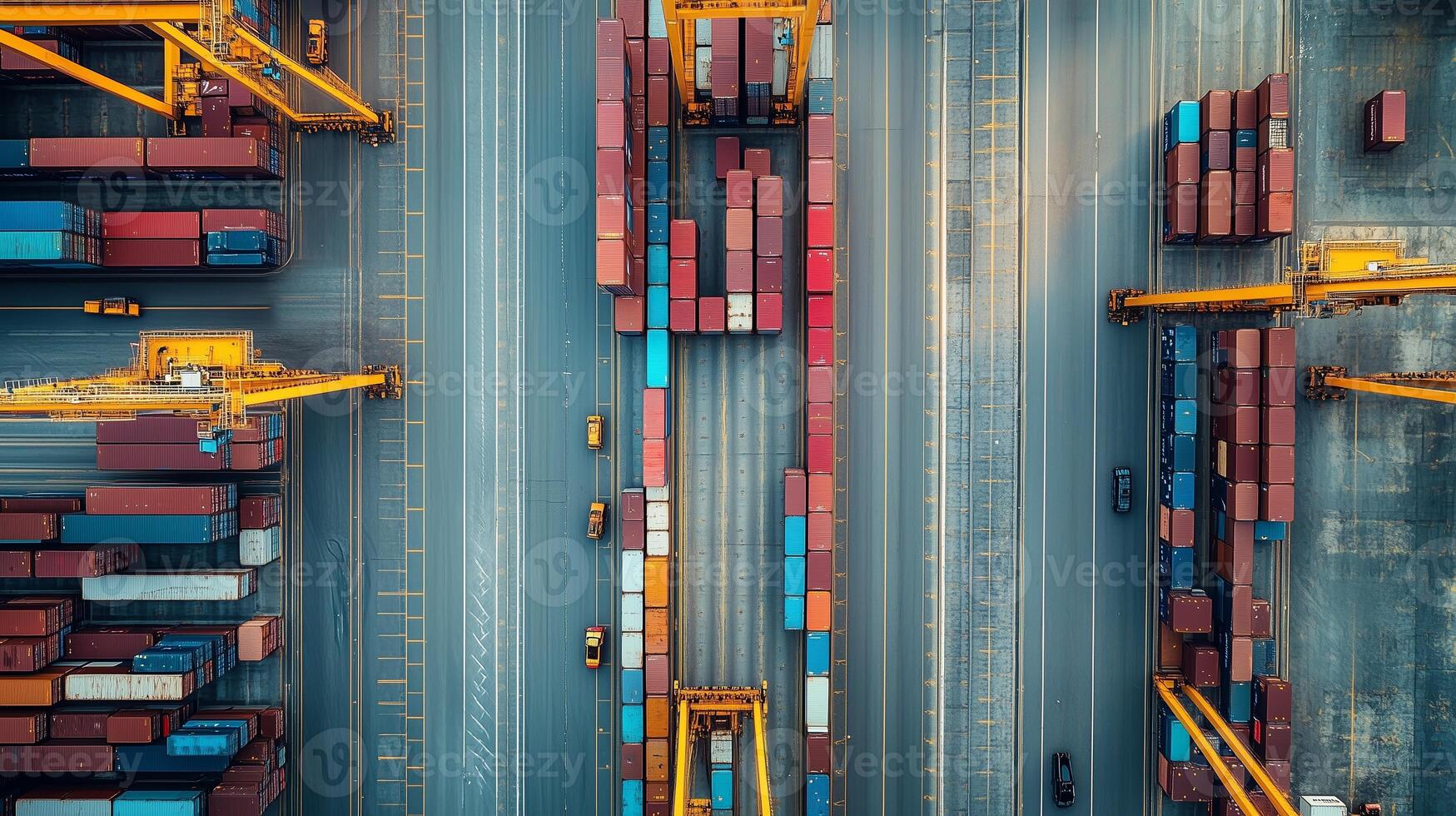 Aerial view of a busy shipping yard with cranes and stacked containers during the day photo