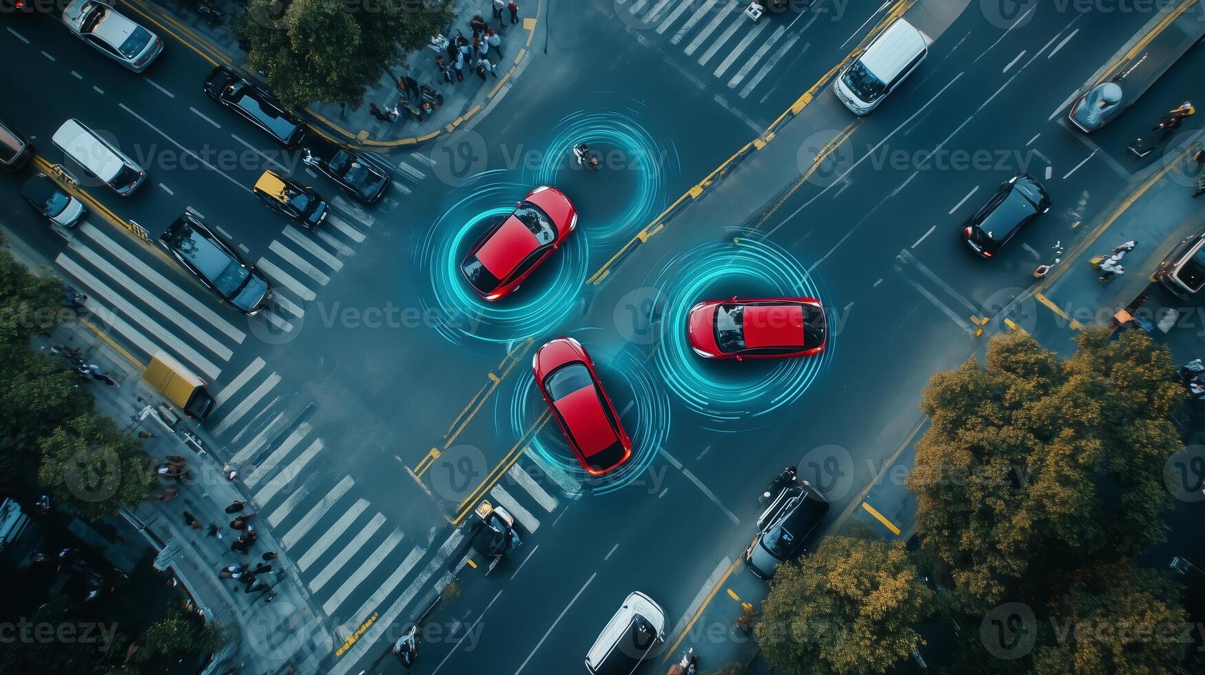 Three red cars navigating an urban intersection with advanced technology guides in a busy city during daylight hours photo