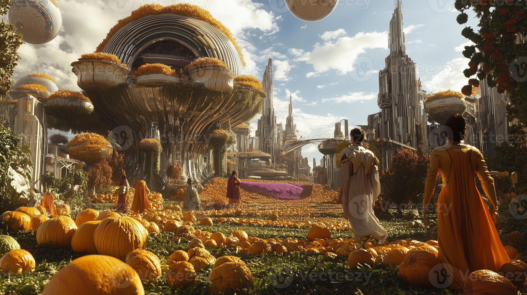 A vibrant futuristic landscape with large pumpkin-like structures and figures exploring a surreal environment in golden sunlight photo
