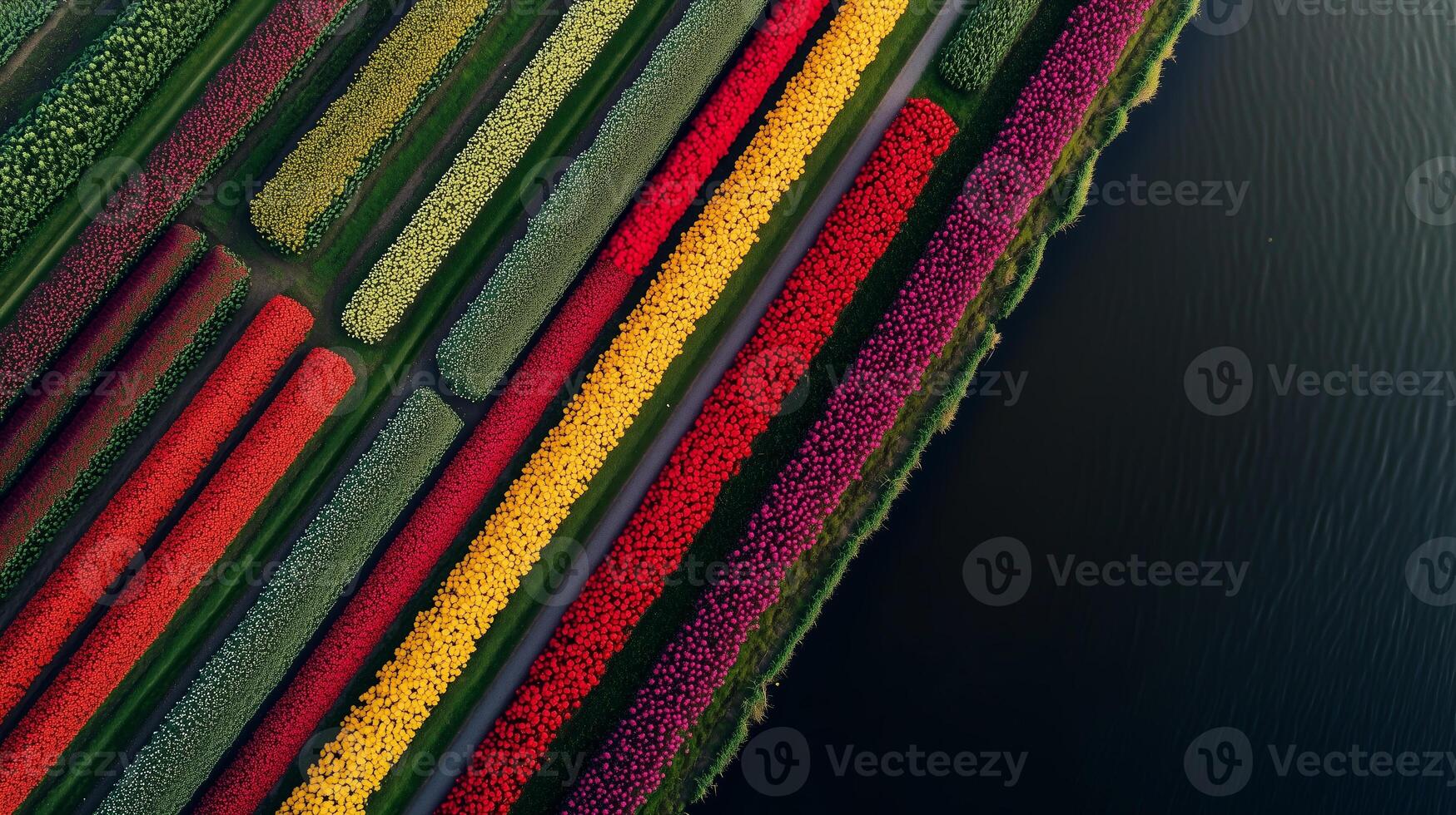 Vibrant tulip fields in full bloom showcasing colorful rows beside a peaceful waterway during springtime photo