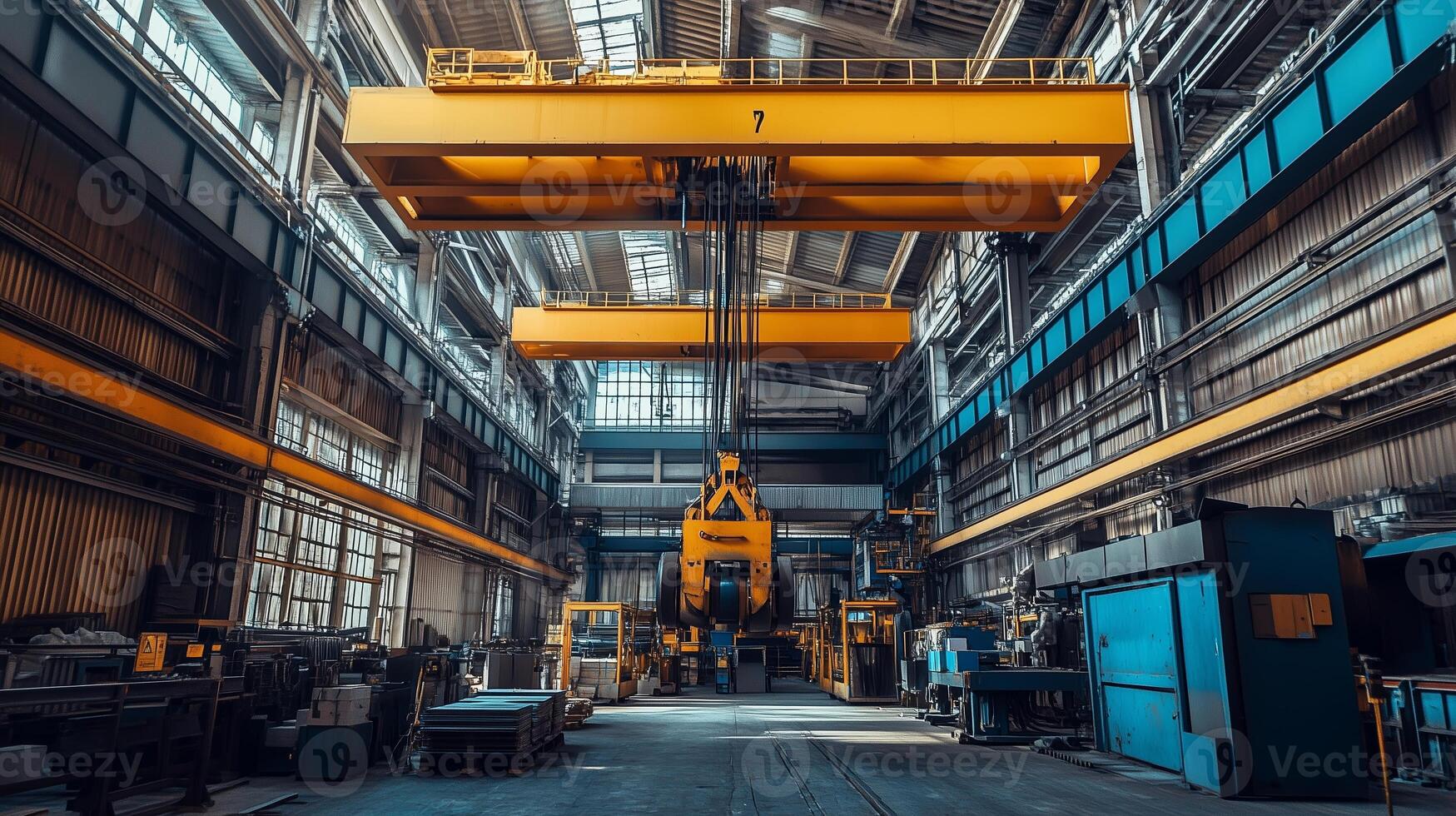 Inside a large industrial warehouse featuring cranes operating above heavy machinery and equipment during bright daylight hours photo