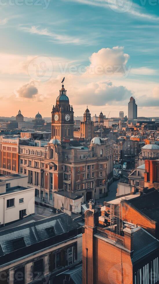 A scenic view of a bustling city at sunset, showcasing historic architecture and modern skyline elements photo