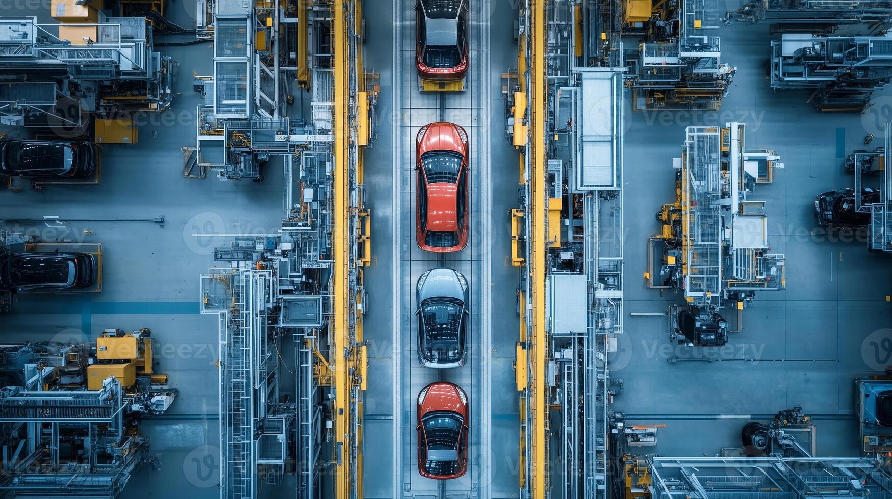 Elevated view of a modern automotive assembly line with red and gray vehicles in a busy manufacturing facility photo