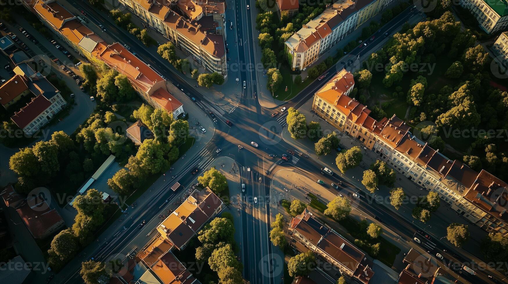 Aerial view of an urban intersection surrounded by buildings and greenery during golden hour photo