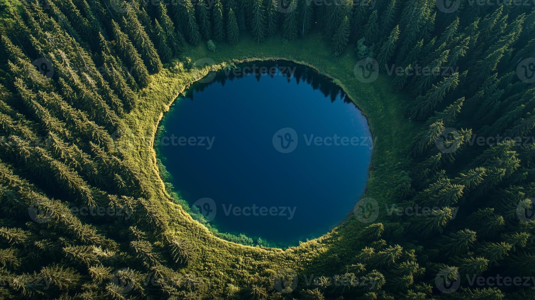 Aerial view of a perfectly circular lake surrounded by dense evergreen forest on a clear day in nature's serene landscape photo