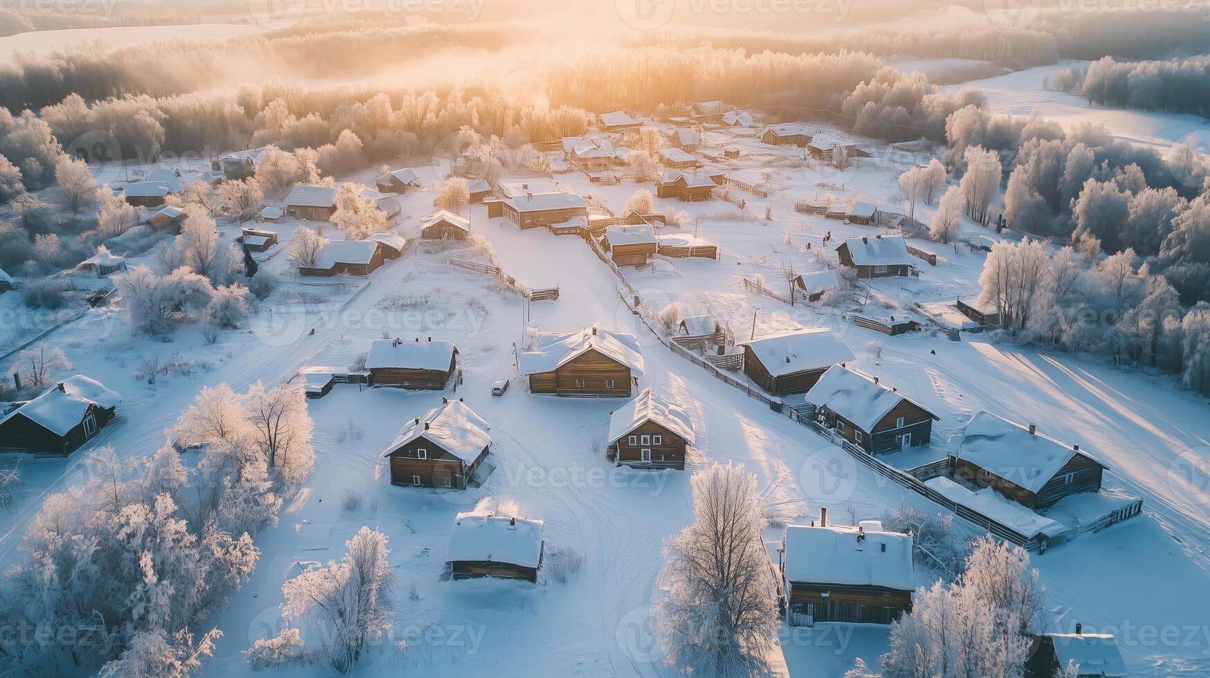 Aerial view of a serene winter village at sunrise with snow-covered homes and trees in a tranquil, remote landscape photo