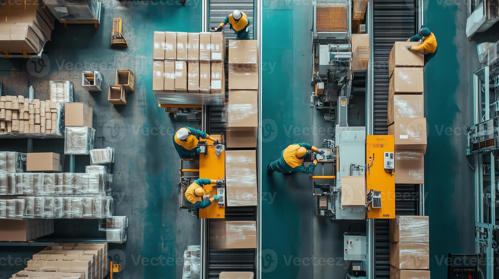 Workers sorting packages in a modern warehouse with conveyor belts and organized boxes during the afternoon shift photo