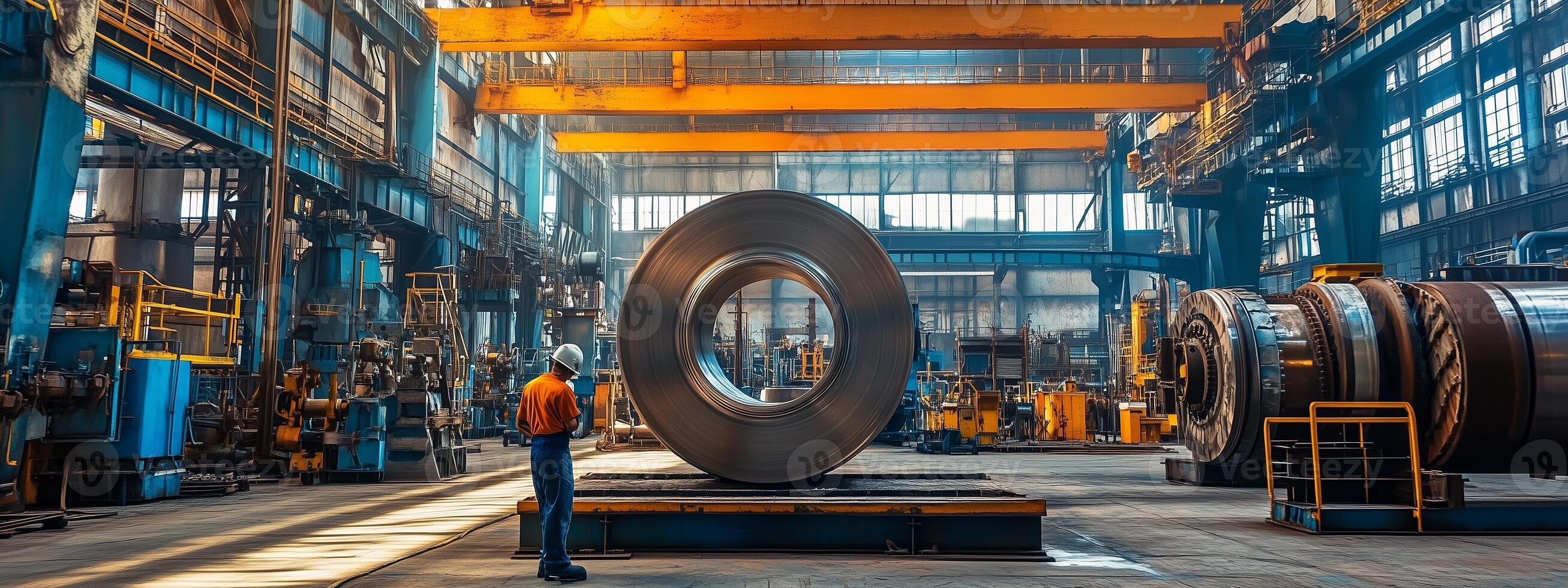 A worker inspects a large metallic ring inside a bustling industrial workshop during daytime hours photo