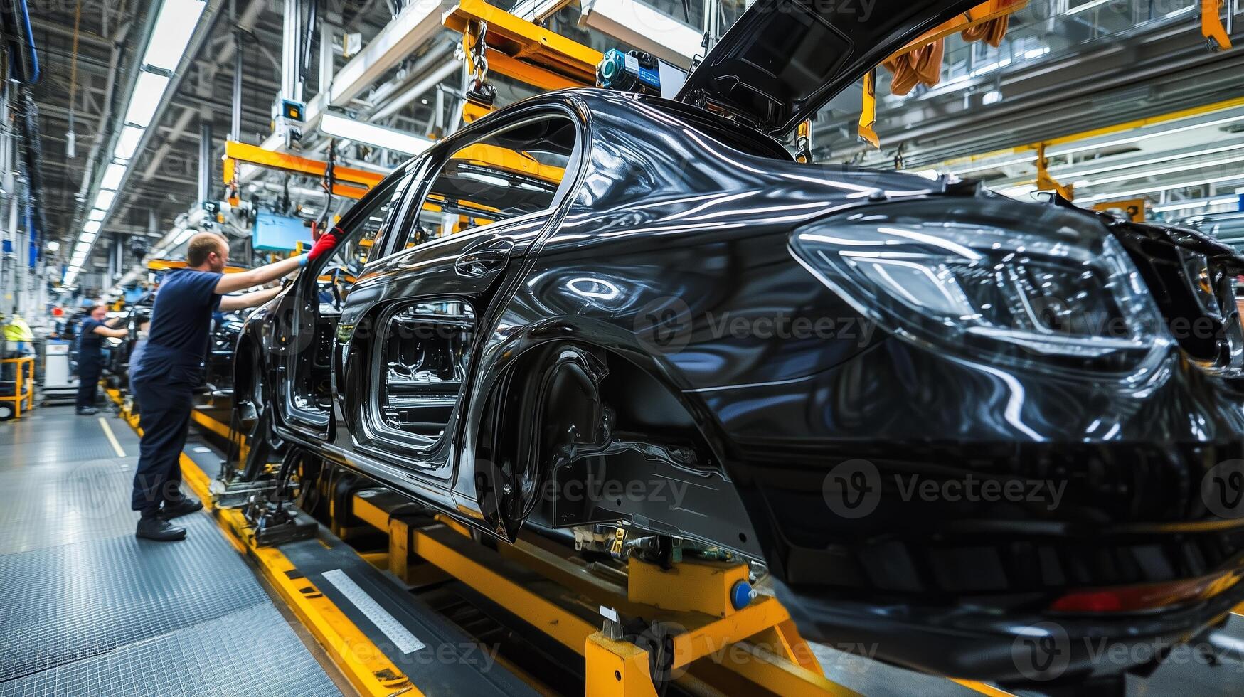 Workers assemble a sleek black car body on the production line in an automobile factory during daytime operations photo