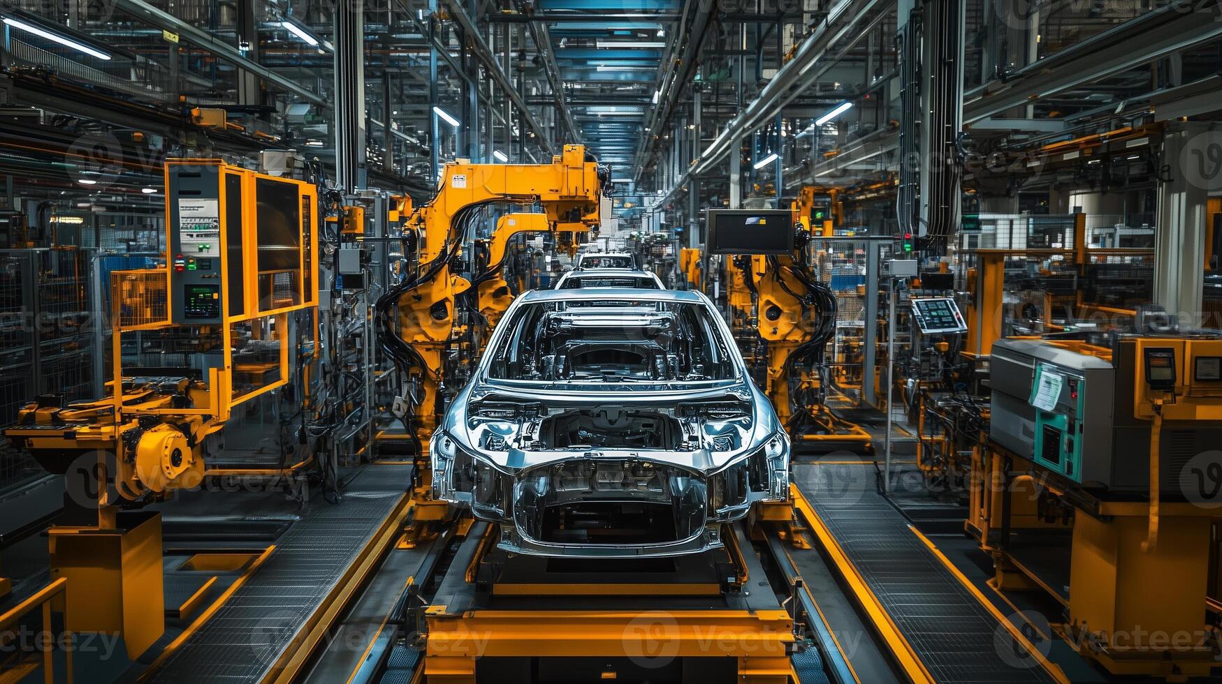 Advanced robotic assembly line in an automobile manufacturing plant during daytime operations photo
