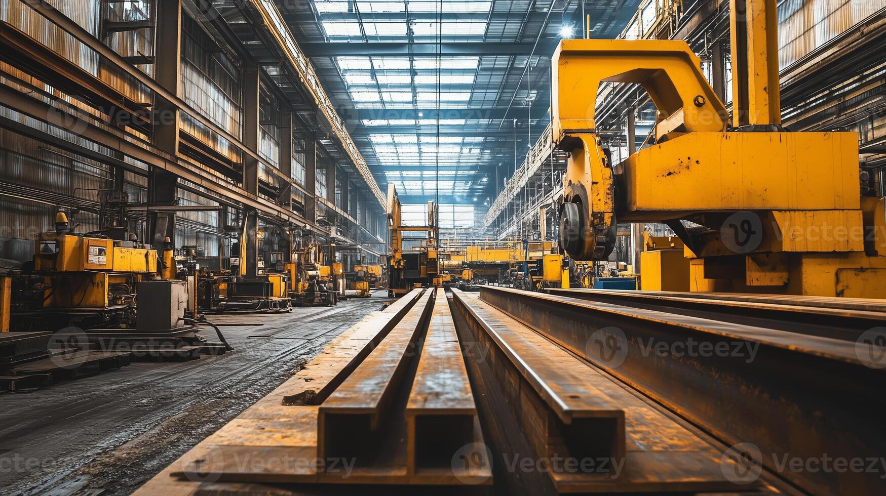 Large industrial warehouse with heavy machinery and steel beams during daylight hours in a manufacturing facility photo