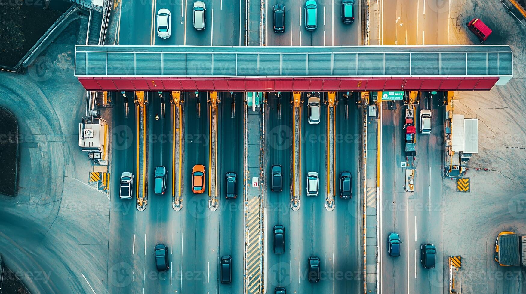 Traffic flows through a busy toll plaza with multiple lanes in a bustling urban area during daytime photo