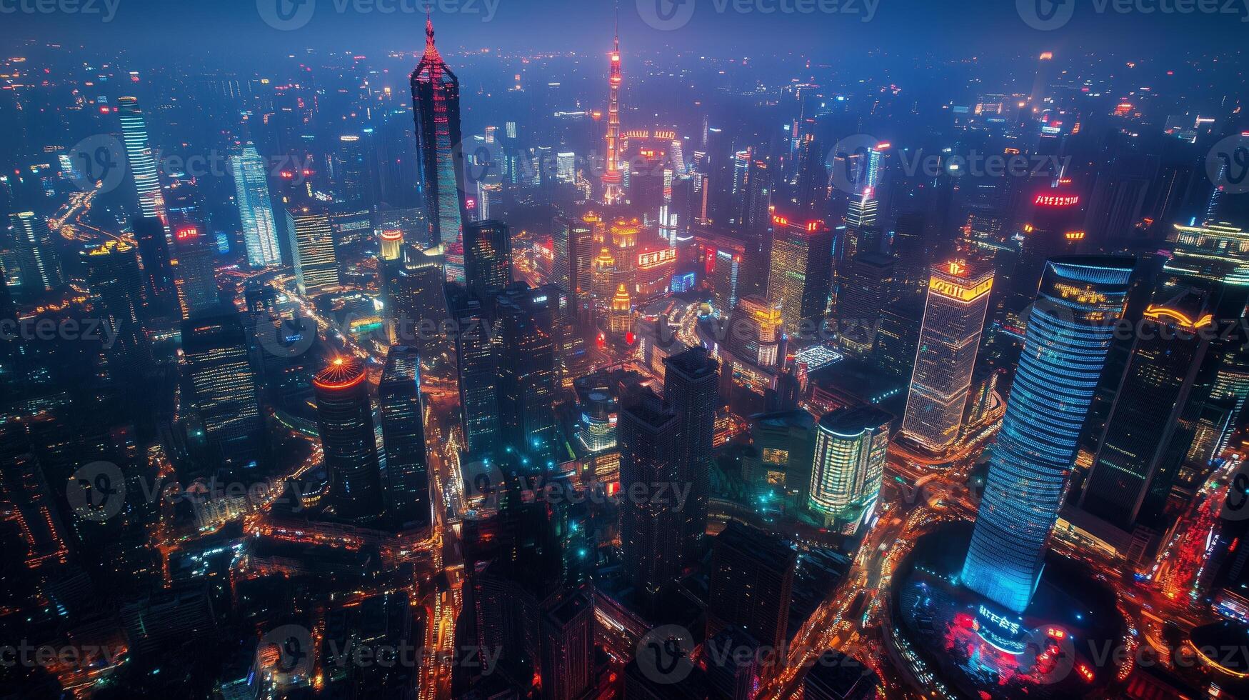 Aerial view of a vibrant city skyline at night showcasing illuminated skyscrapers and bustling streets in a modern metropolis photo