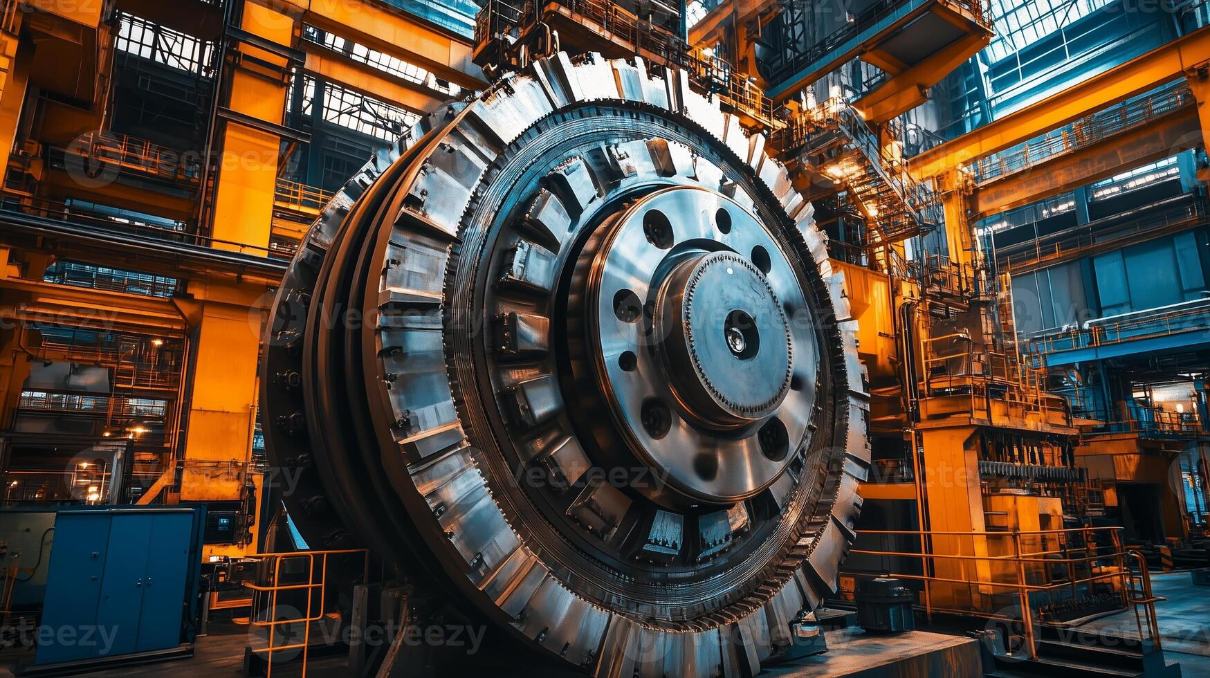 Large industrial gear in a brightly lit manufacturing facility during the day showcasing advanced machinery and engineering photo