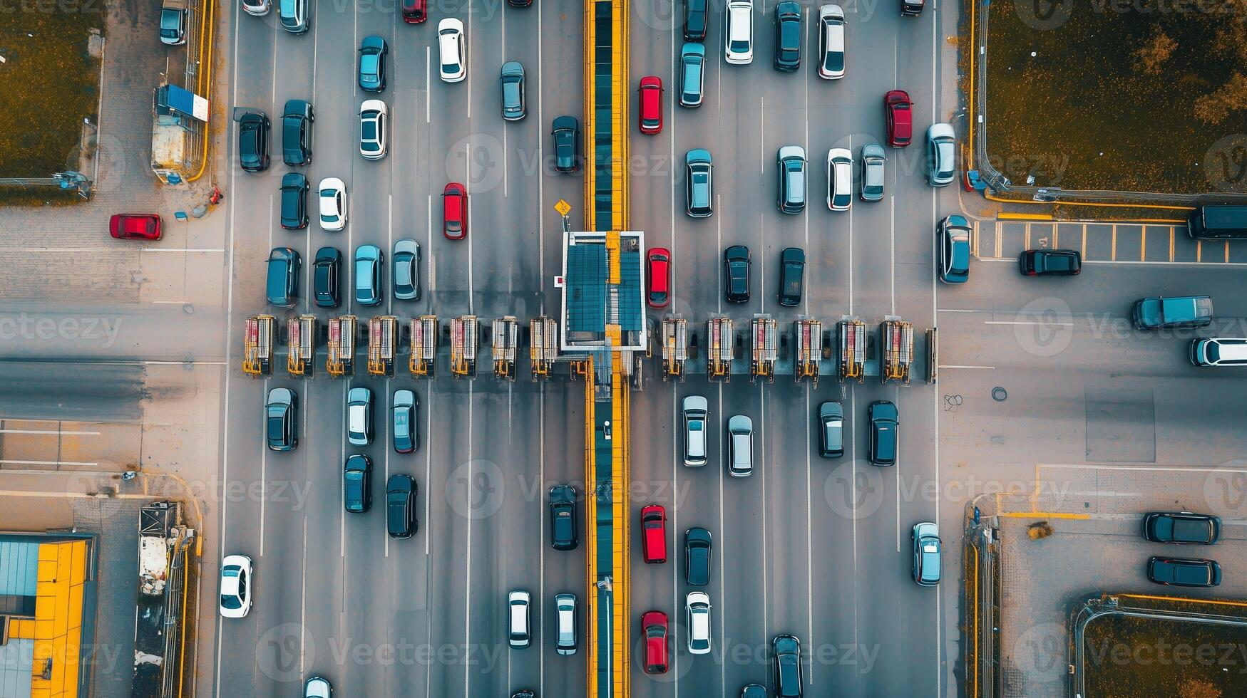 Busy highway interchange with vehicles moving toward toll booths during daylight hours in an urban area photo