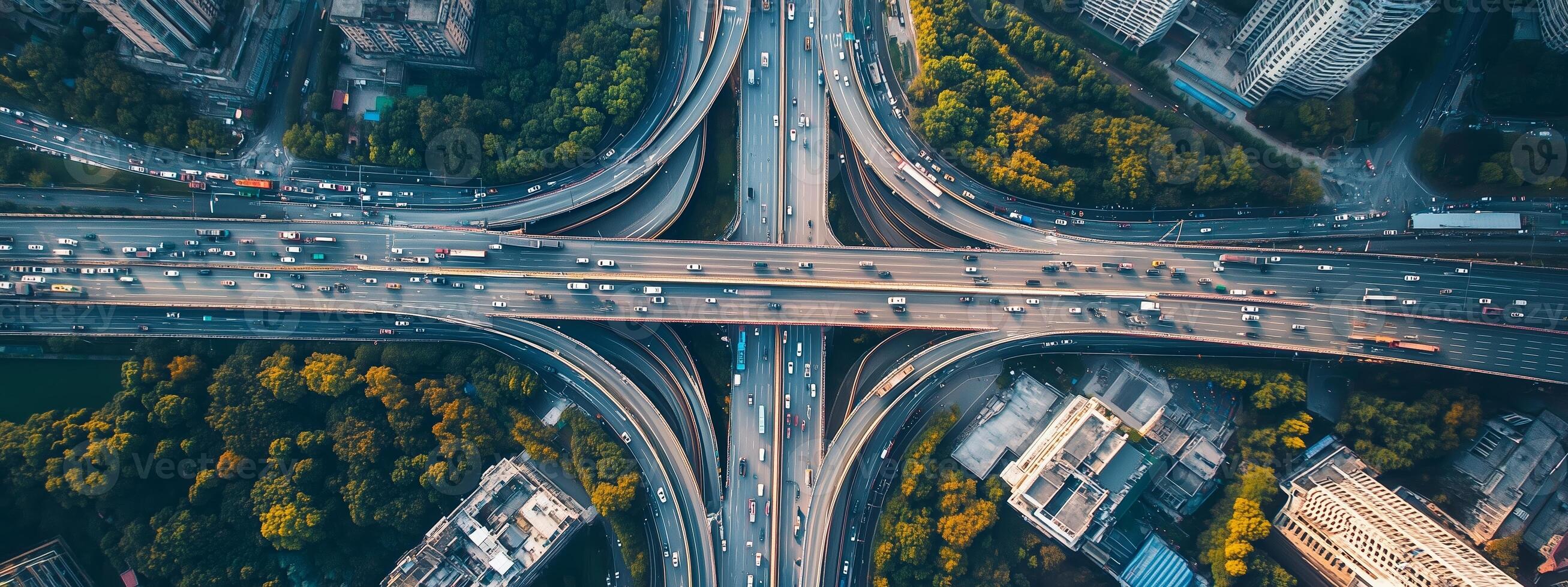 Aerial view of a busy highway interchange surrounded by greenery and skyscrapers in an urban landscape during daylight photo