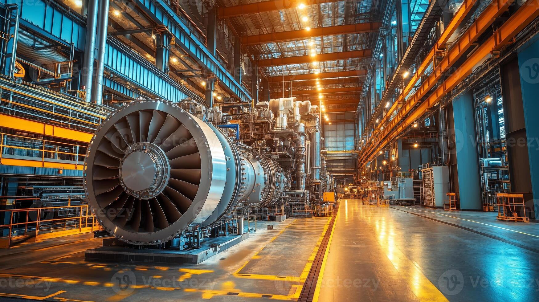 View of a large turbine engine installed in a modern industrial facility under bright artificial lighting during daytime operations photo