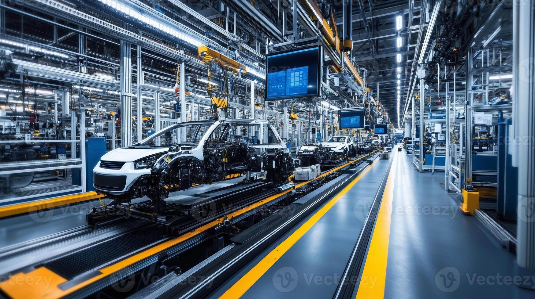 Automobile assembly line with multiple vehicles being constructed in a modern manufacturing facility during daylight hours photo