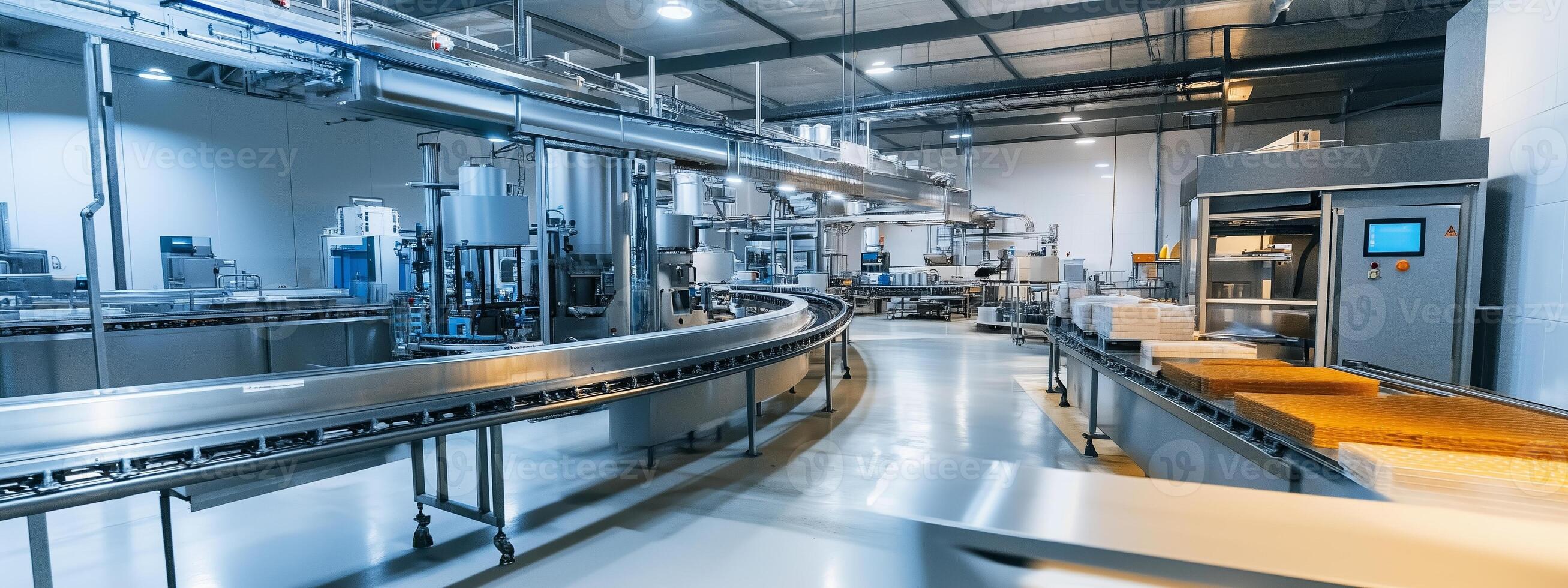 Modern manufacturing facility showcasing advanced machinery and conveyor systems in a well-lit production area photo