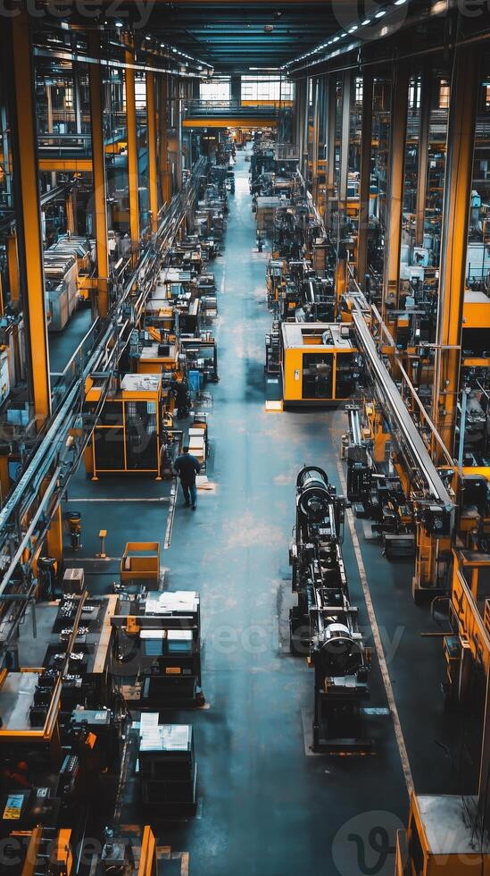 Aerial view of a busy industrial manufacturing facility with multiple workstations and machinery in operation during daytime photo