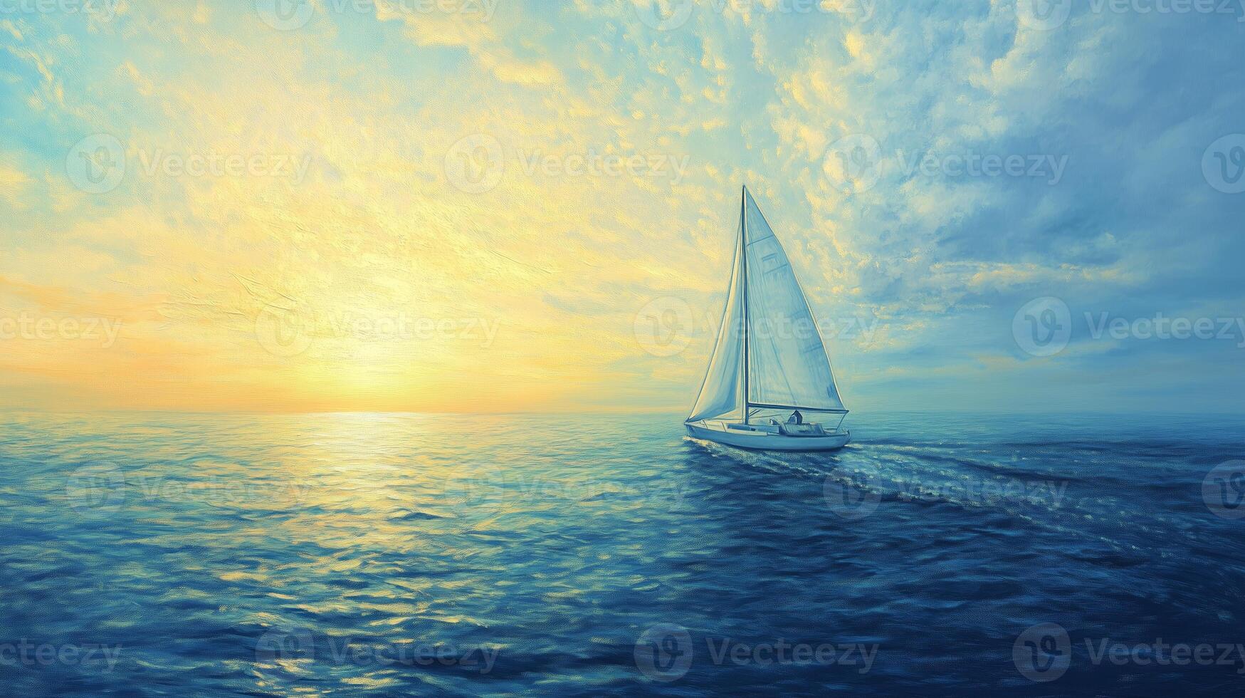 Sailing into the sunset on a calm ocean with vibrant colors at dusk, capturing the beauty of nature and tranquility photo