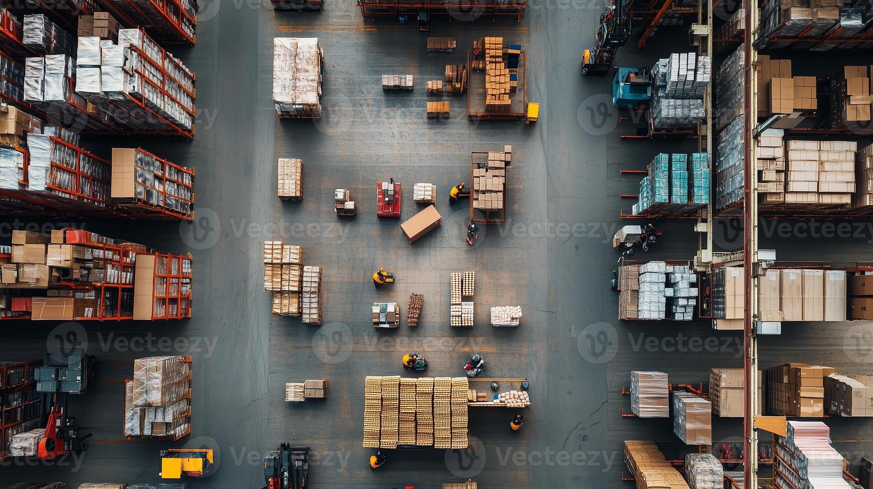 Aerial view of warehouse logistics operations with workers arranging packages and boxes in a large storage facility photo