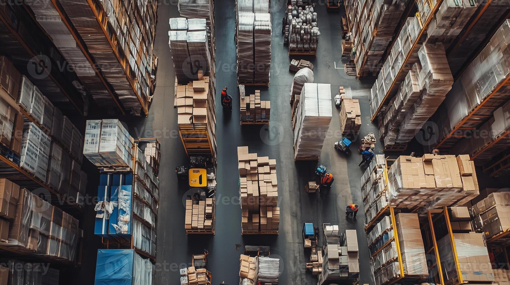 Busy warehouse filled with stacked boxes and workers organizing items during daylight hours photo