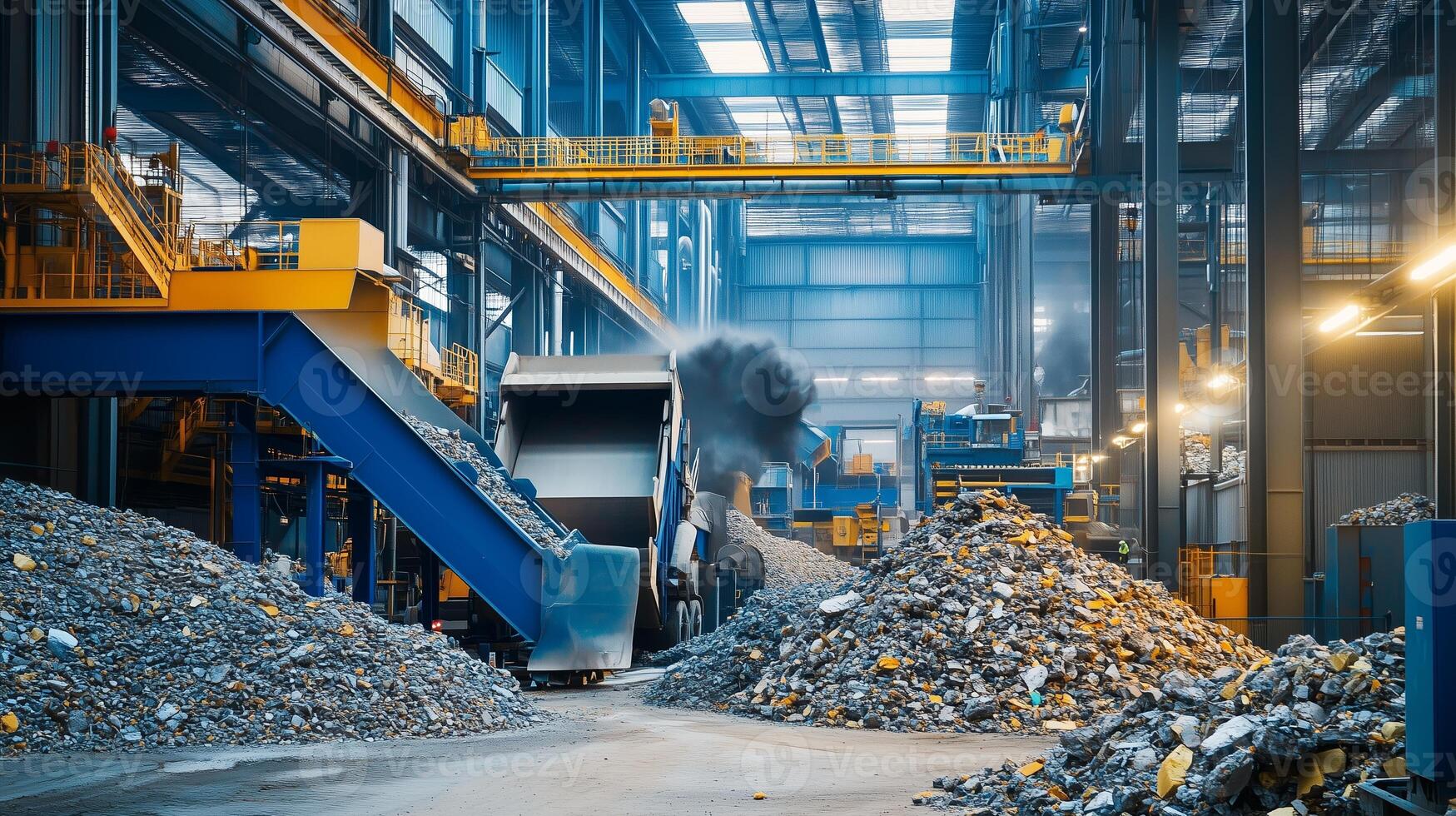 A busy recycling facility processes metal scrap in an industrial setting, showcasing machinery and piles of materials during daylight hours photo