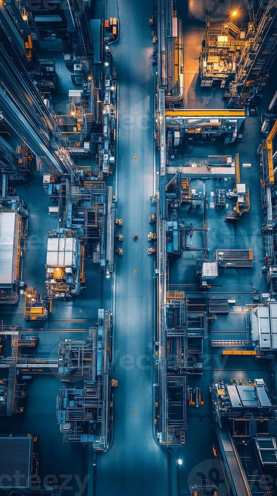 Aerial view of a bustling warehouse with shelves and machinery during evening hours photo