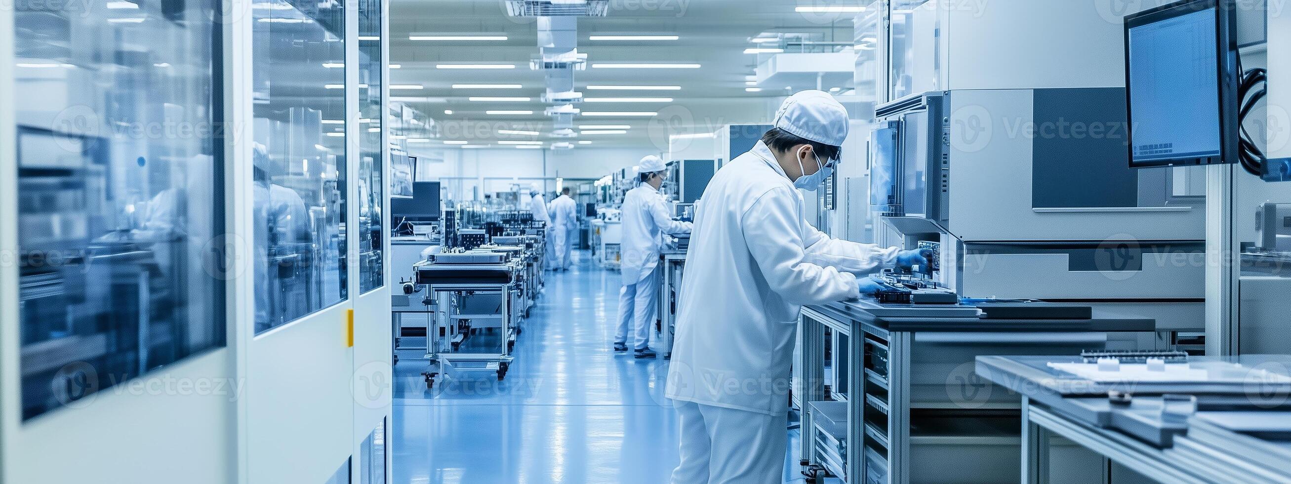 A laboratory technician conducts research in a cleanroom facility during daytime operations focused on precise measurements and technology development photo